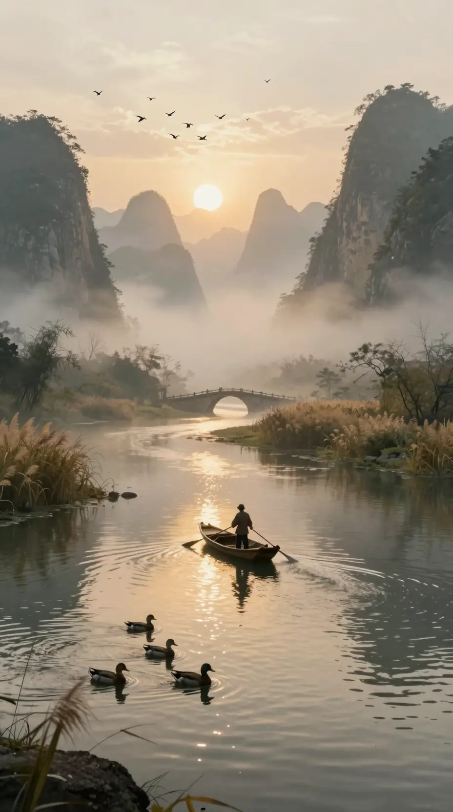 Fischer beim Sonnenaufgang auf nebligem chinesischem Gebirgsfluss