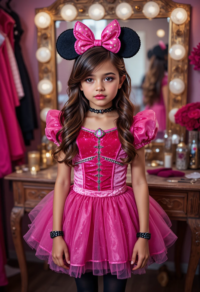 Tween boy in princess costume posing by bedroom vanity