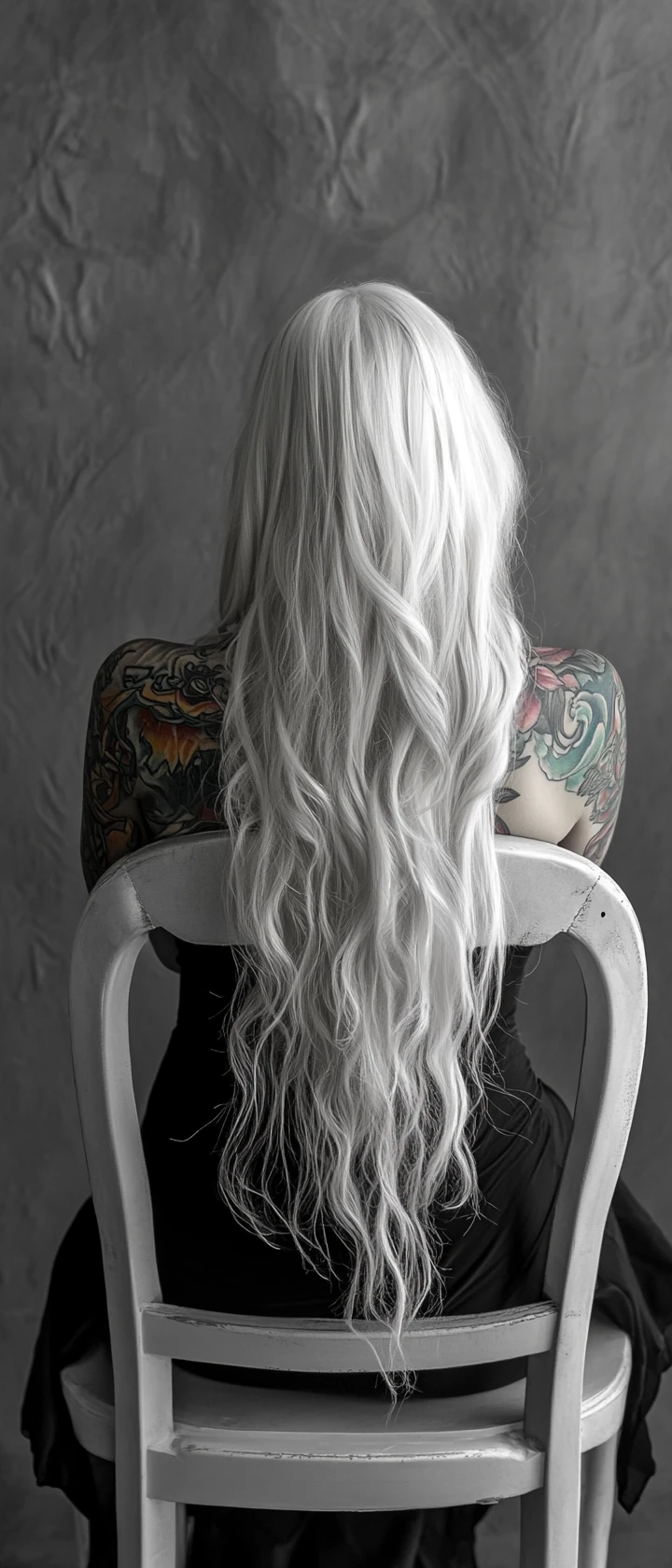 Frau mit Tattoo, die sich nach vorne über einen weißen Stuhl lehnt