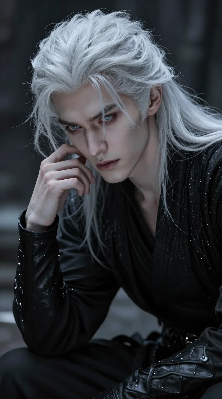 Pale dark lord with unruly white hair and piercing gaze
