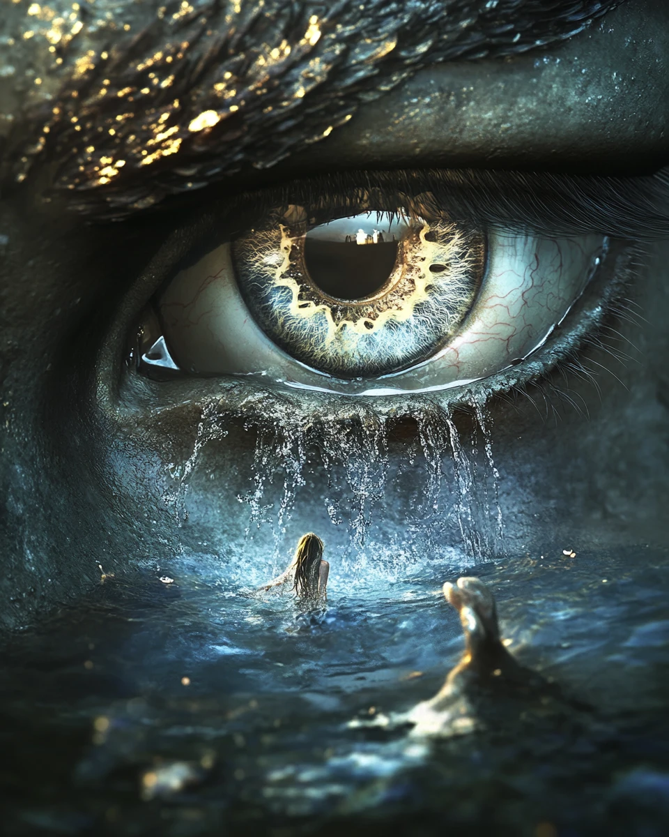 Piccola sirena che nuota in un oceano di lacrime