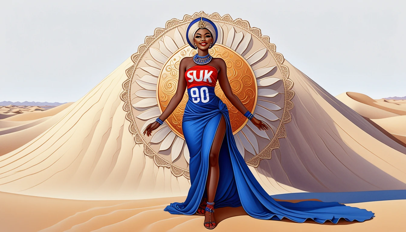 Mulher Alegre no Deserto com Vestido de Areia Esvoaçante Ilustração Vetorial