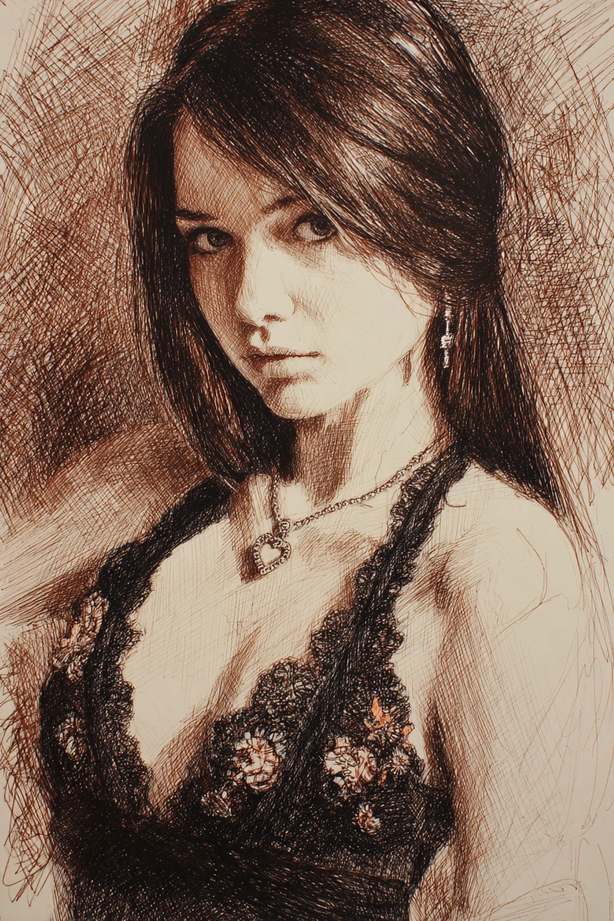 Portrait à l’encre en gros plan d’une jeune femme au regard intense