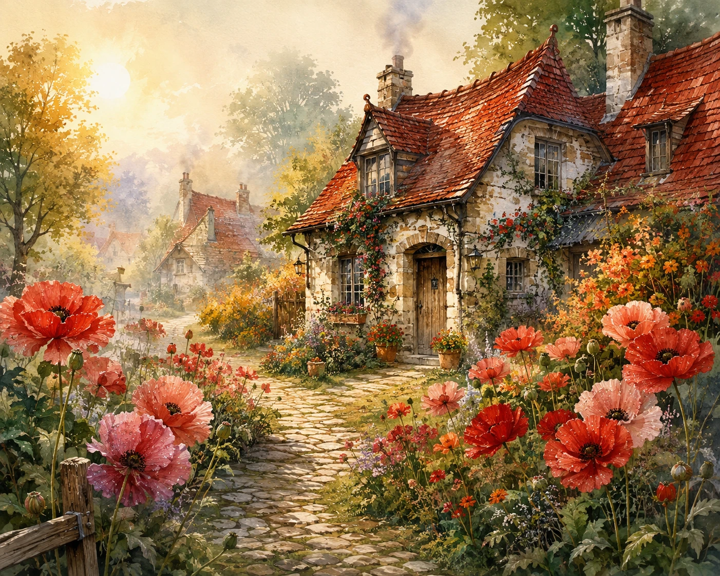 Watercolor village cottages with lush flower filled gardens