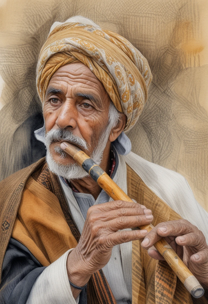 Dessin de portrait d’un vieil homme en turban jouant de la flûte en bois