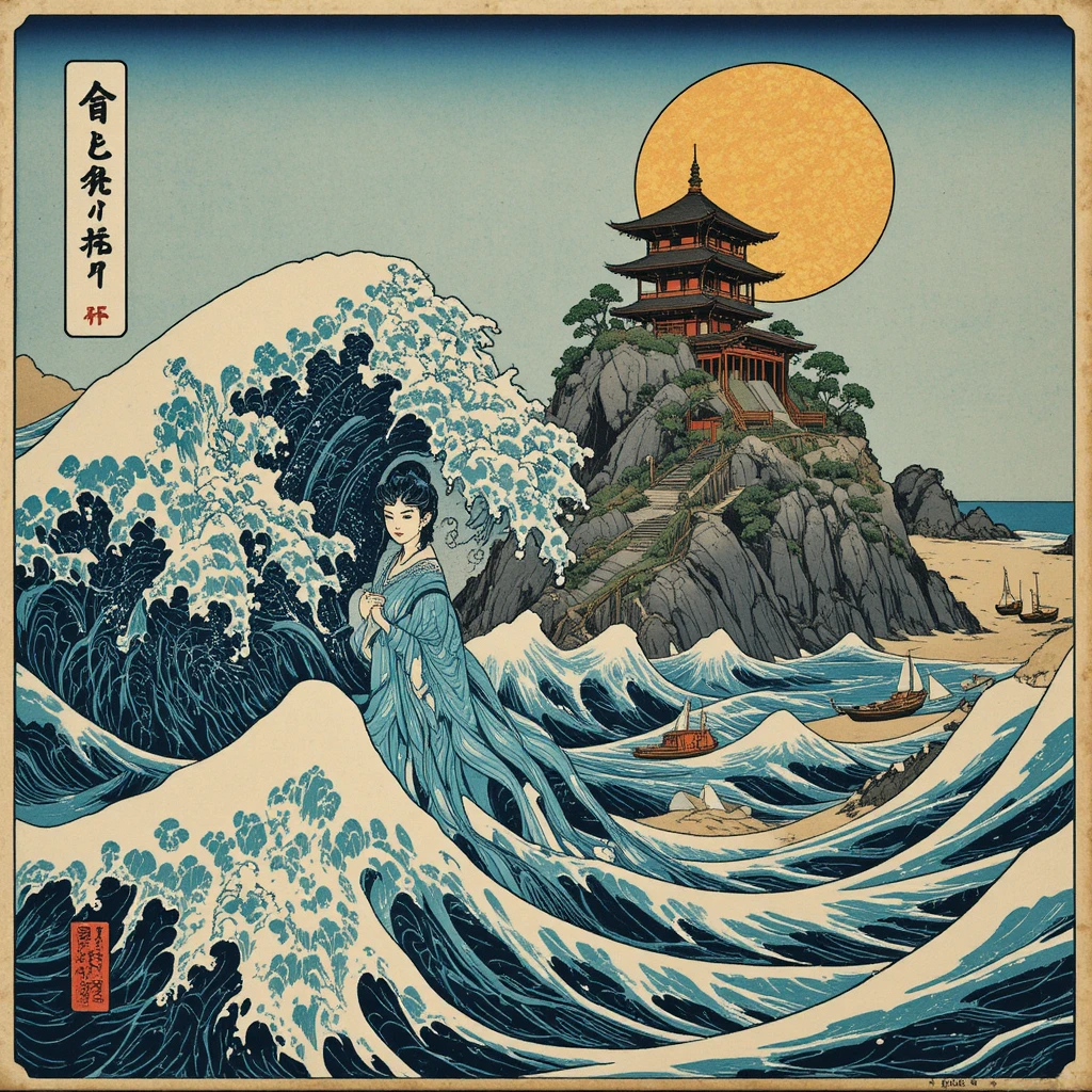 浮世繪風格的水之精靈自紋樣海浪中升起