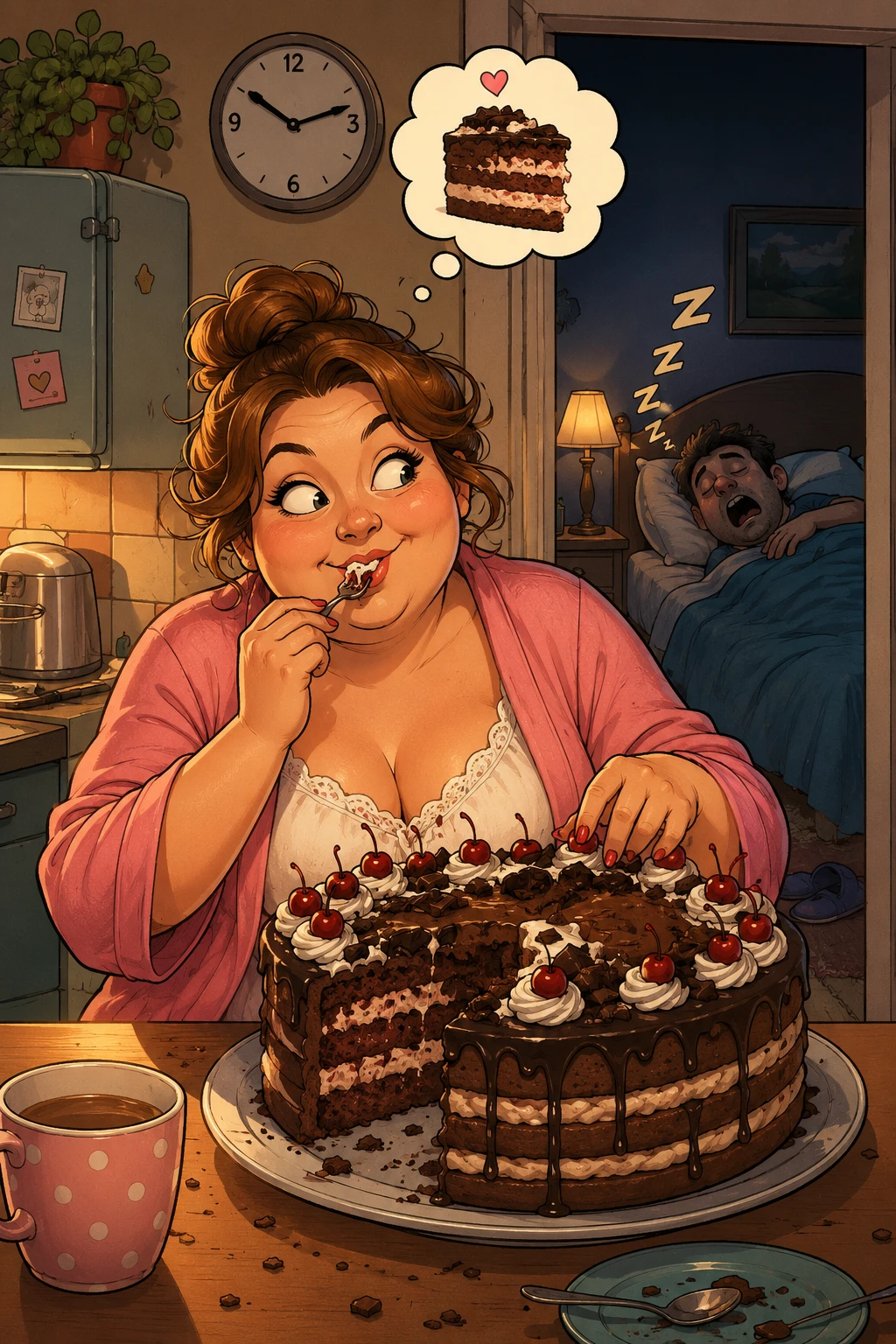 Ilustração cômica e divertida de um bolo gigante em uma cozinha