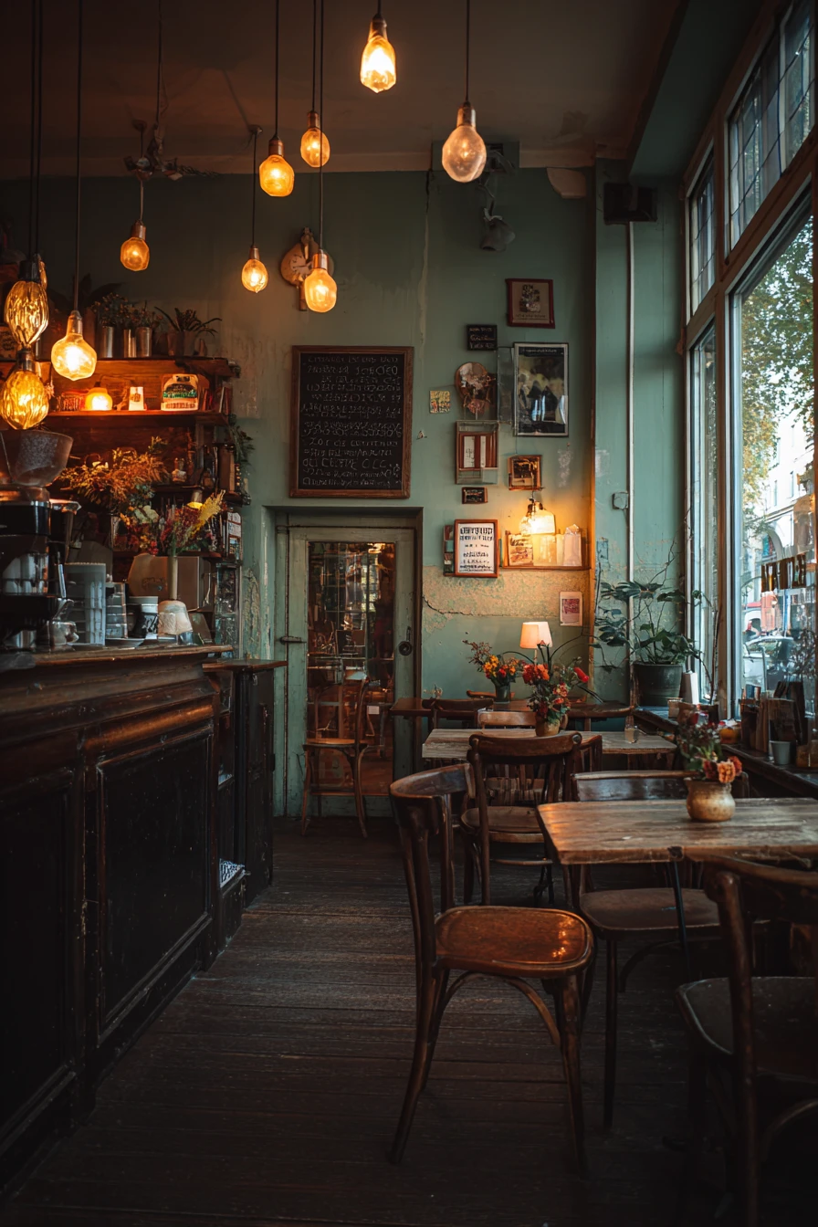 Intérieur de café vintage chaleureux sous la lumière dorée du soir