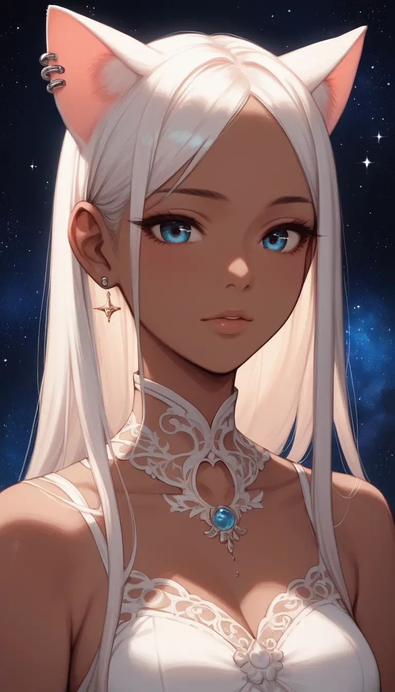 Gros plan d’une fille anime aux yeux bleus et aux oreilles de chat dans la galaxie
