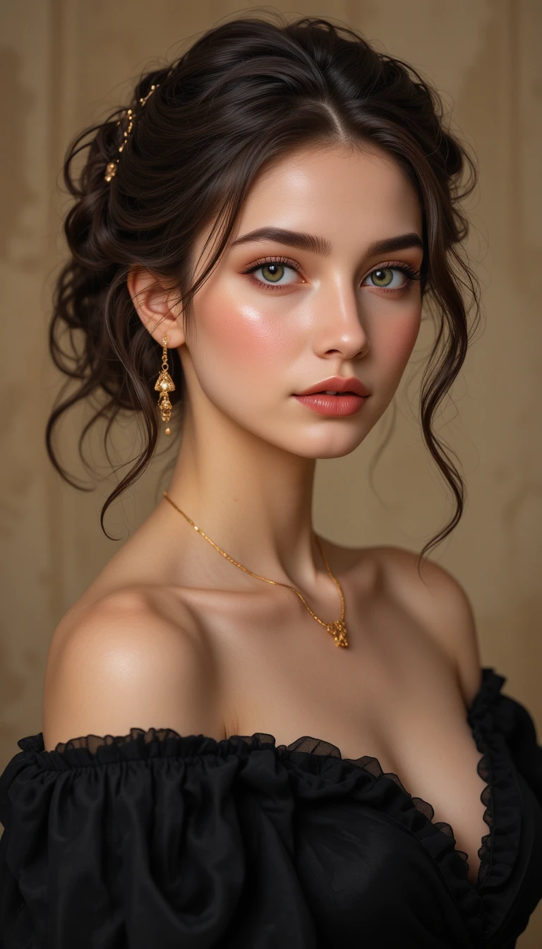 Ritratto di elegante donna bruna in abito nero