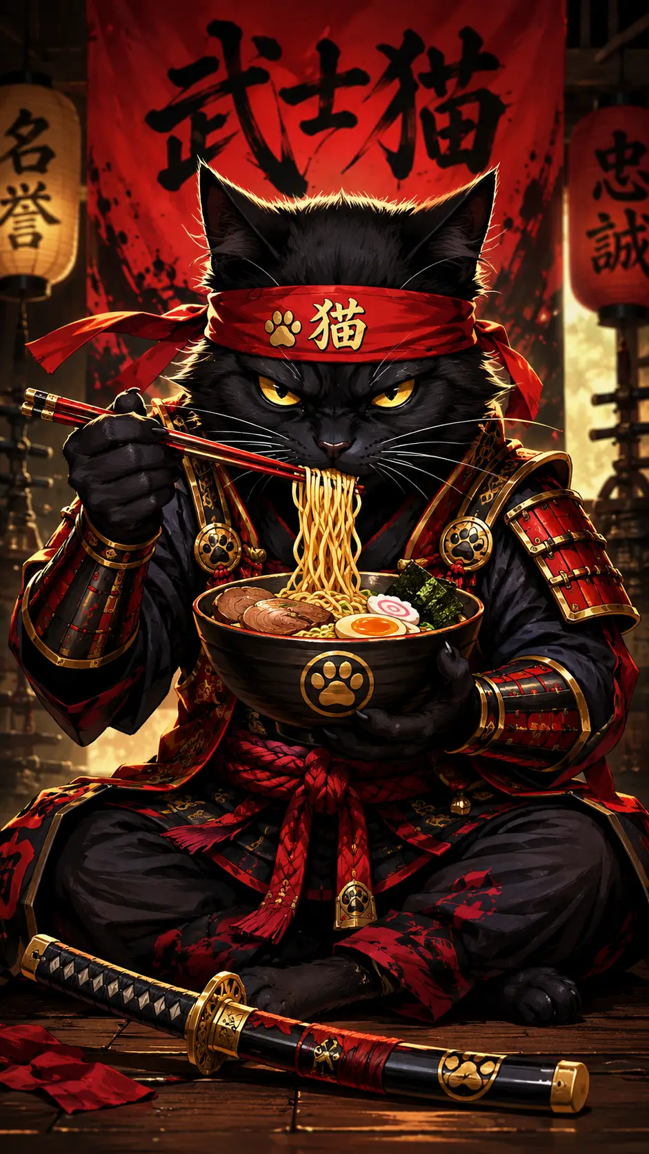 粗獷奇幻風格的武士貓用筷子吃麵