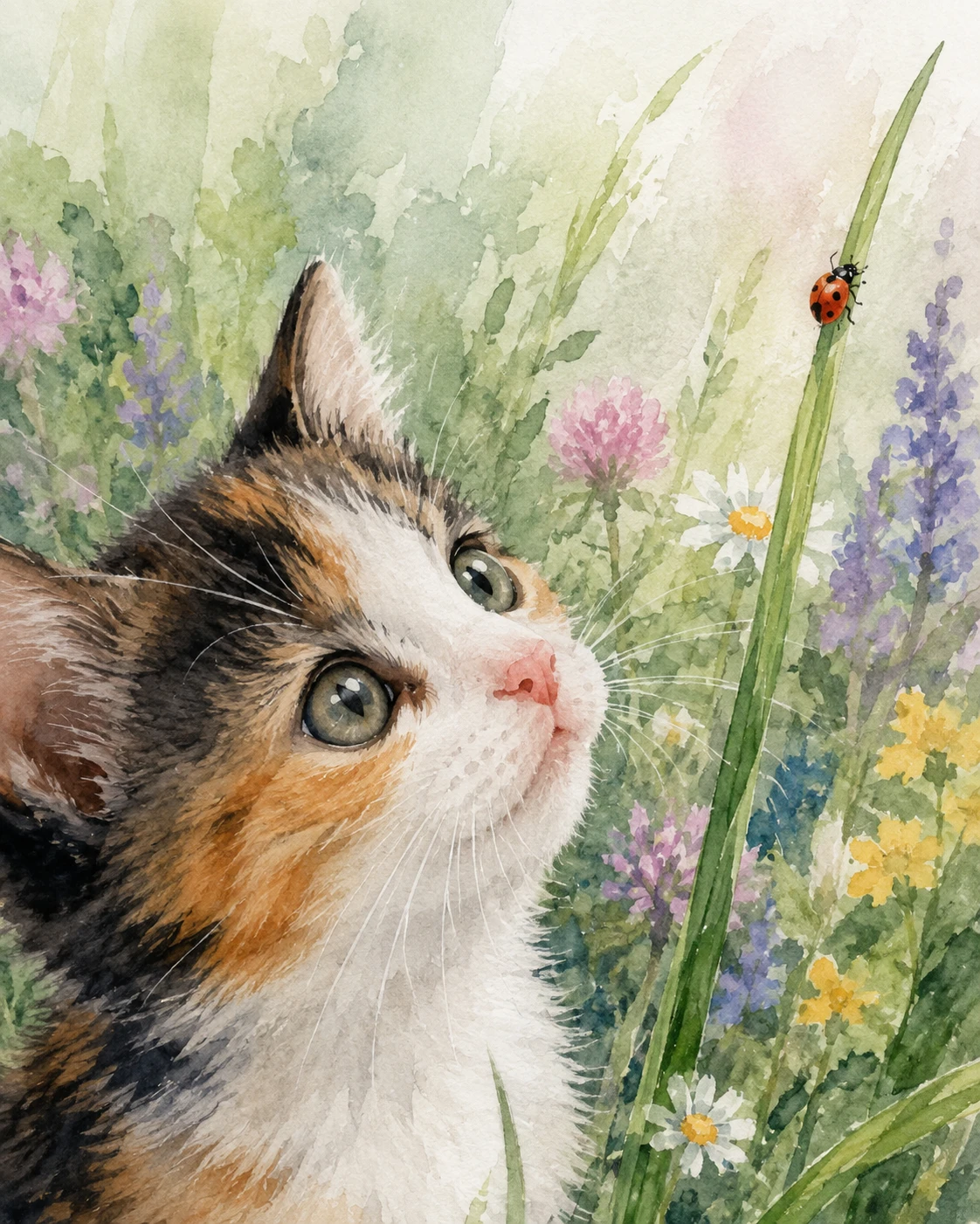 Watercolor kitten watching a ladybug climb a tall grass blade