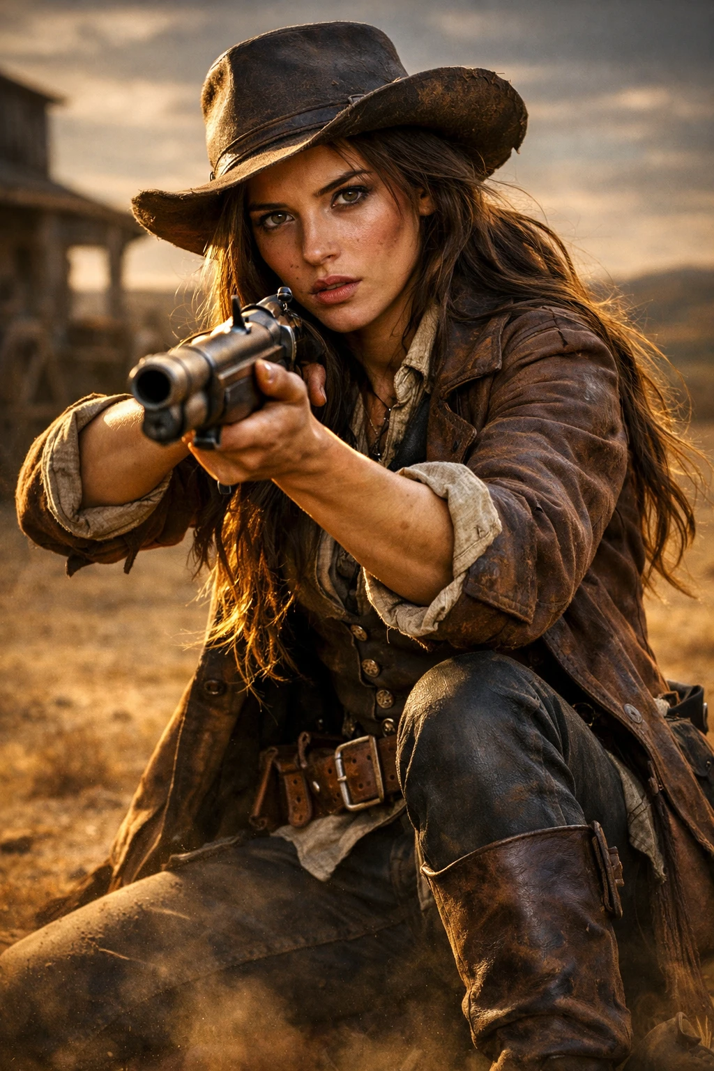 Cowgirl mirando uma espingarda em uma planície fronteiriça empoeirada
