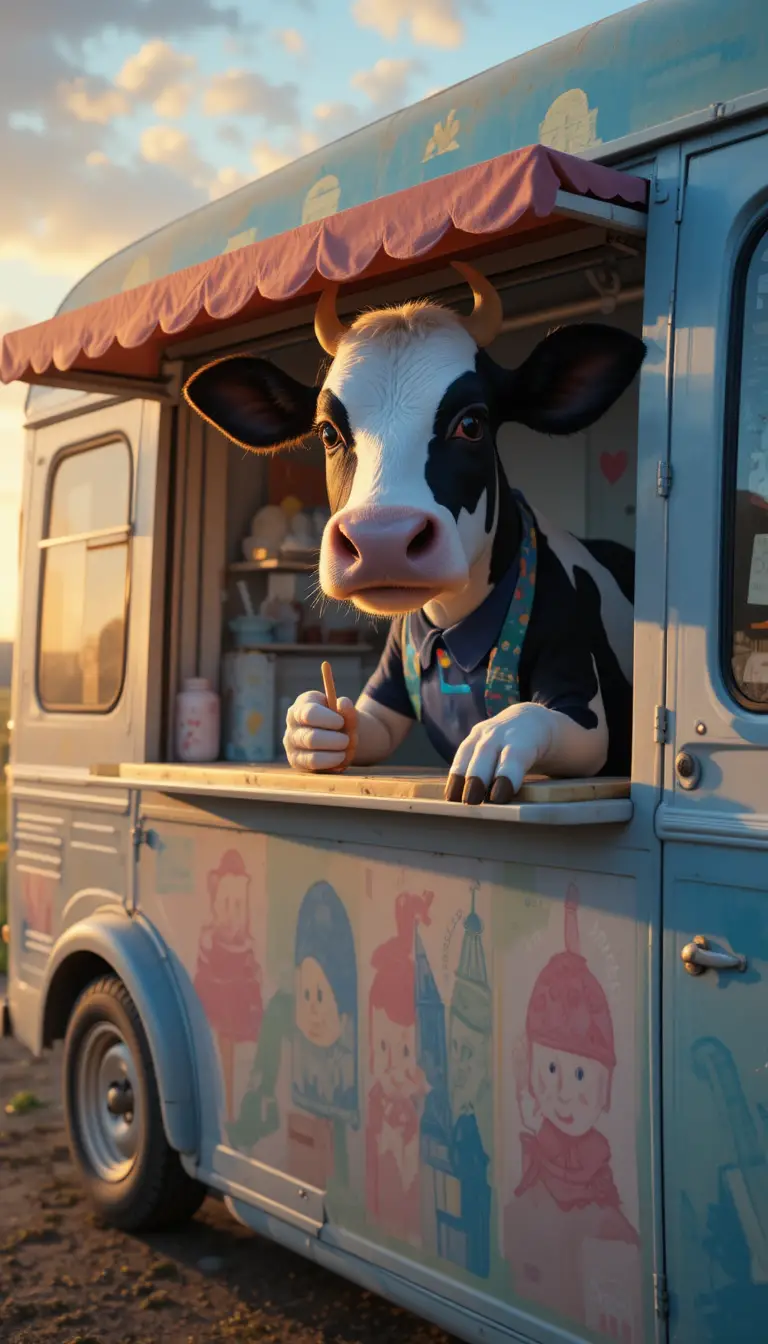 Friendly dairy cow serves ice cream from a van at sunset