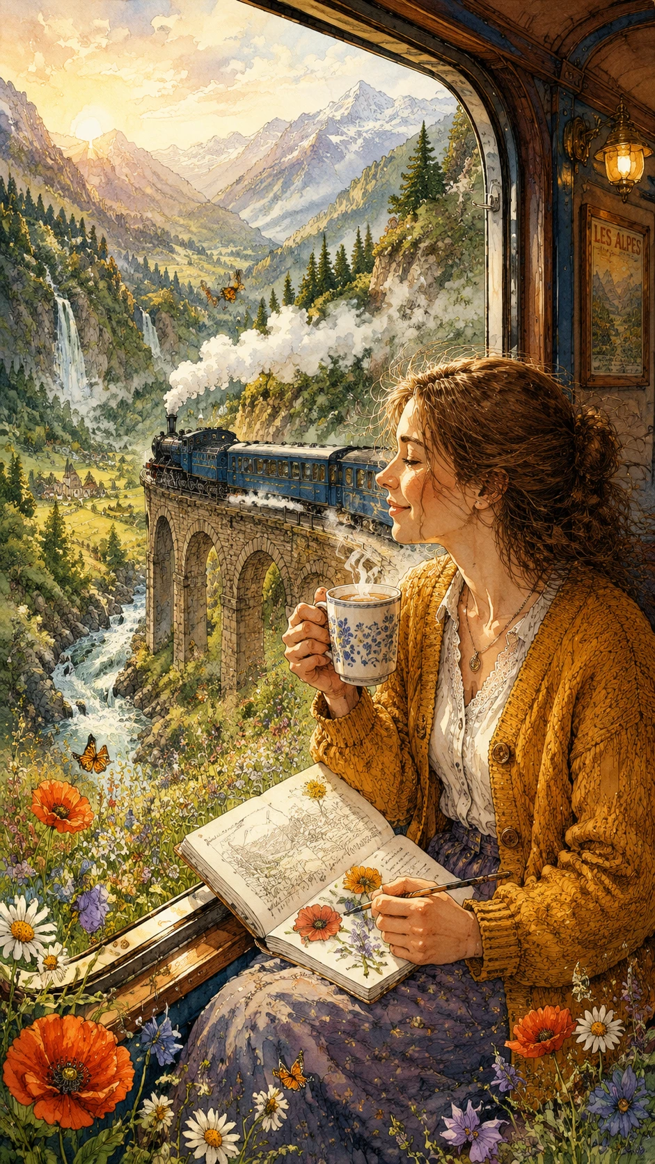 Garota em aquarela no trem desenhando em vale montanhoso ensolarado