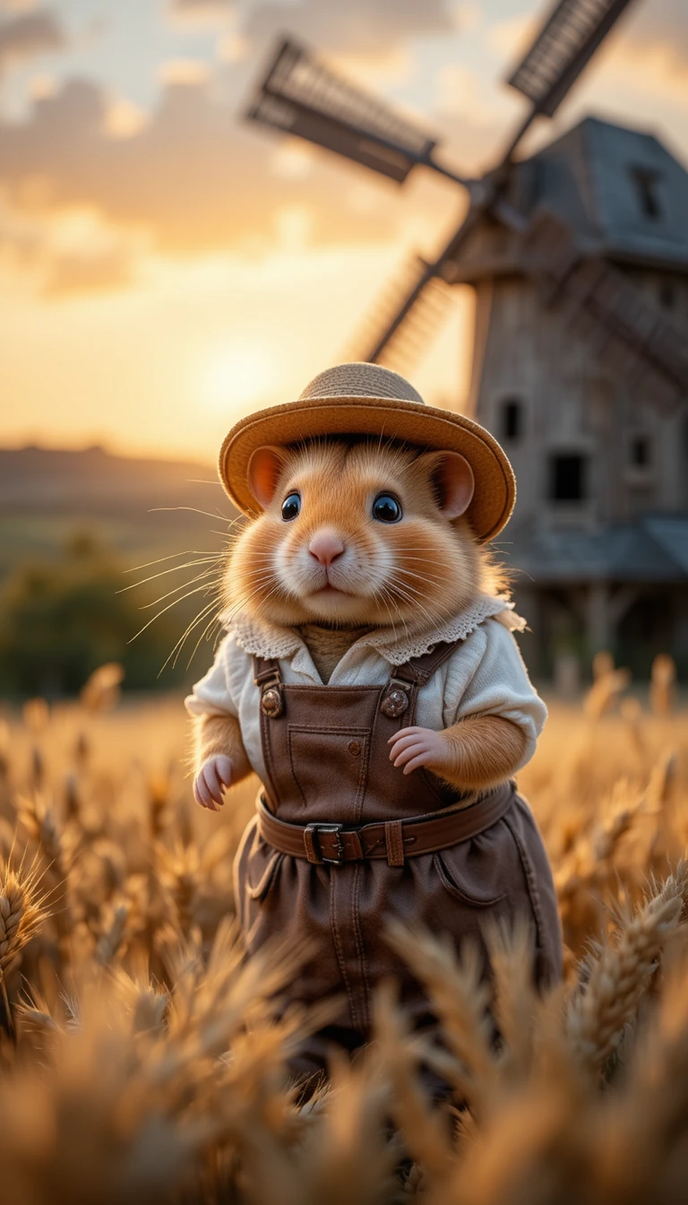 Cute hamster miller in a wheat field at sunset