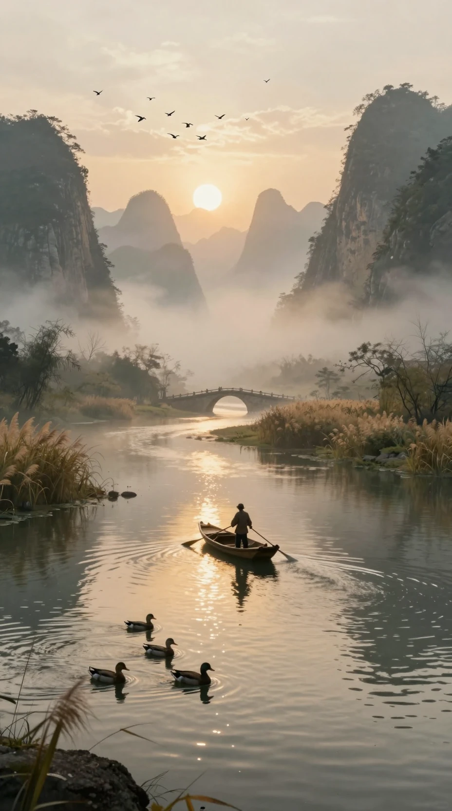 Fisherman at sunrise on misty Chinese mountain river