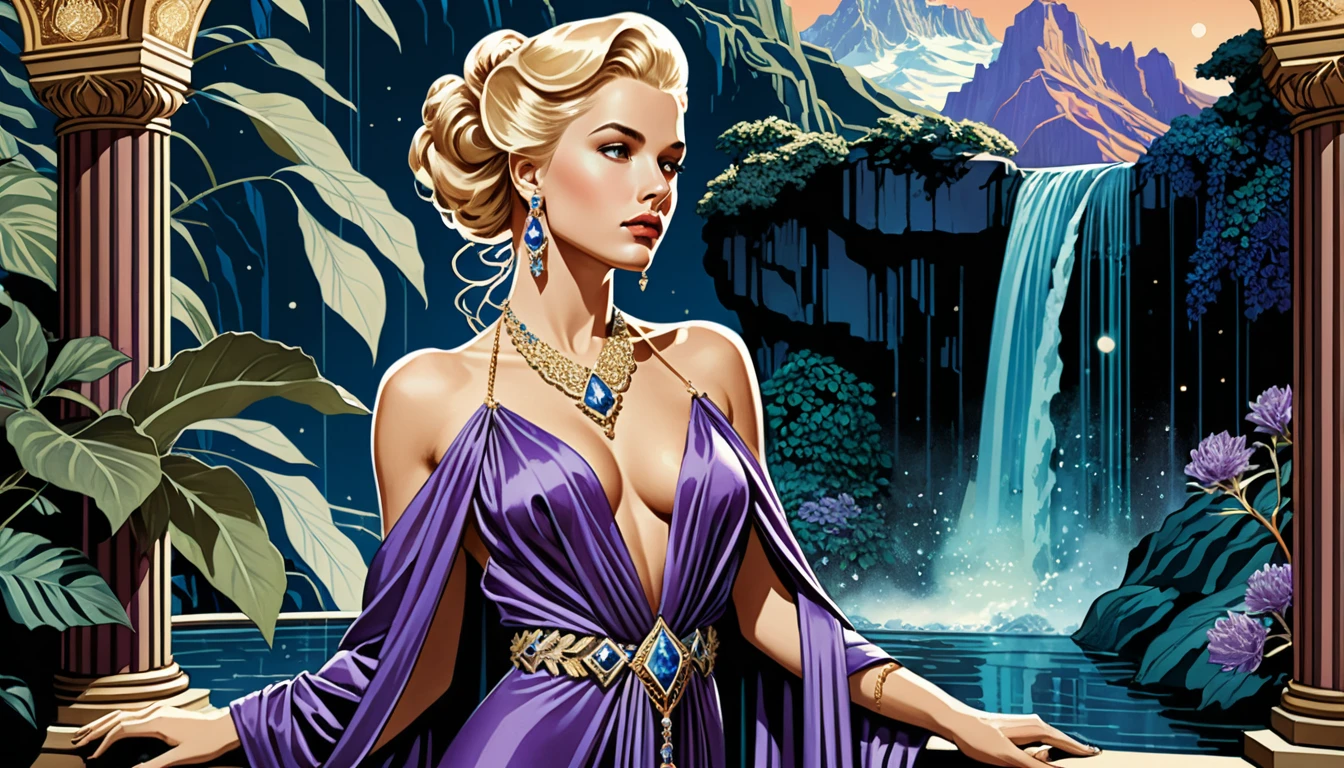 Blonde celestial woman in jeweled robe inside twilight solarium