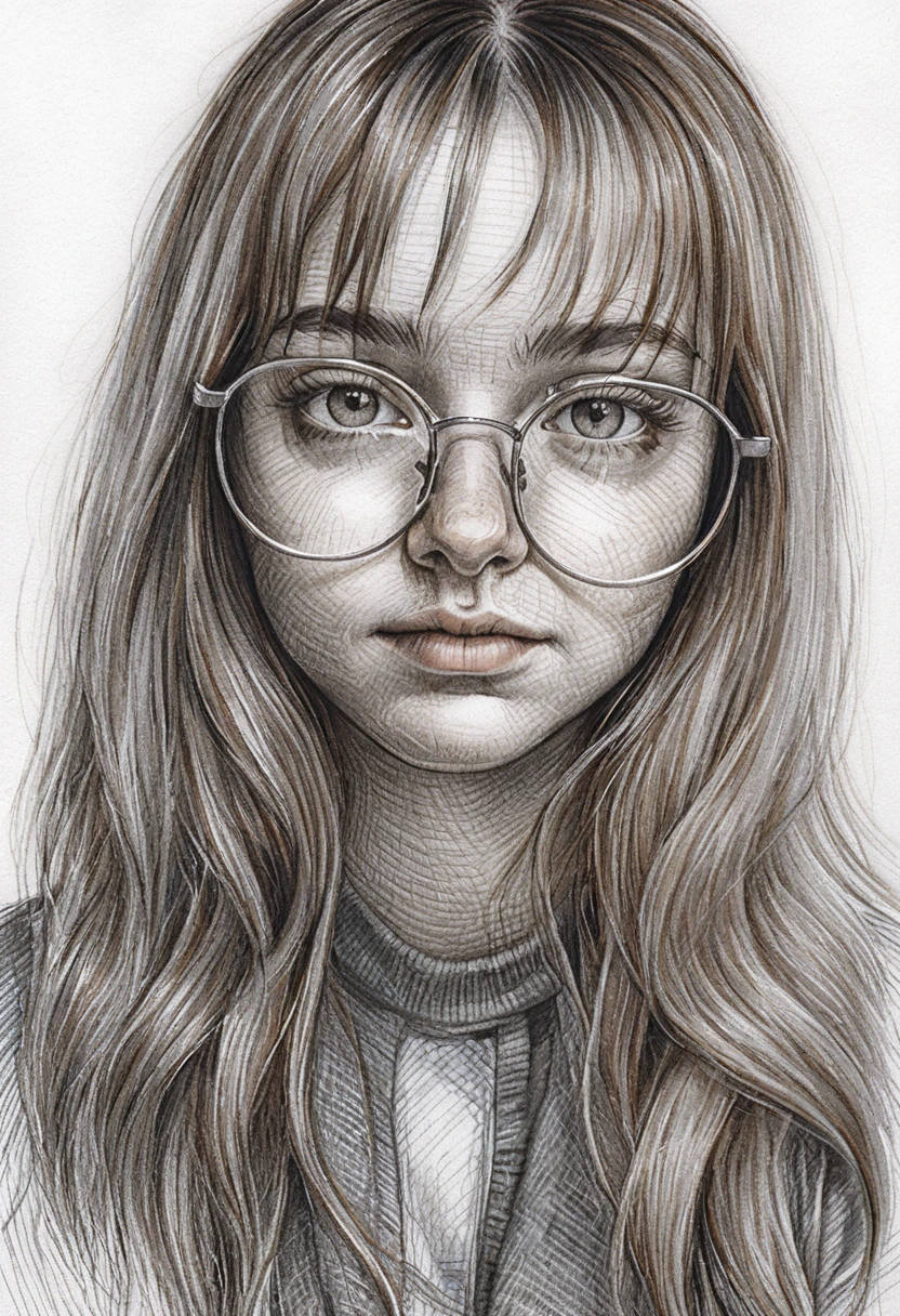 Pencil portrait of a young woman with round glasses