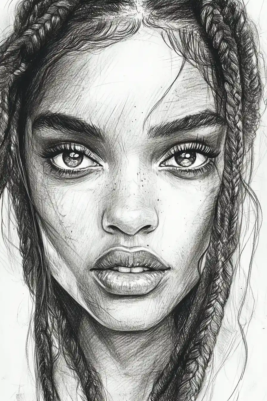 Close up graphite portrait of a young woman with braids