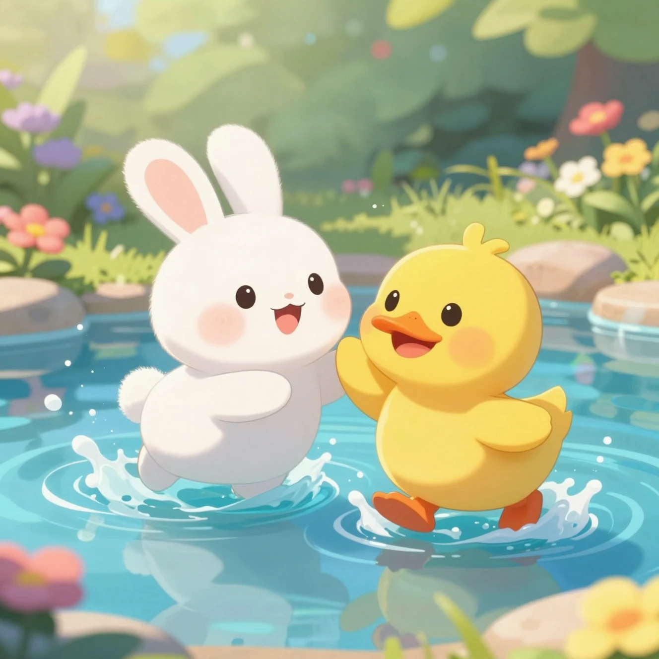 Coelhinho fofo e pato amarelo brincando em lago ensolarado