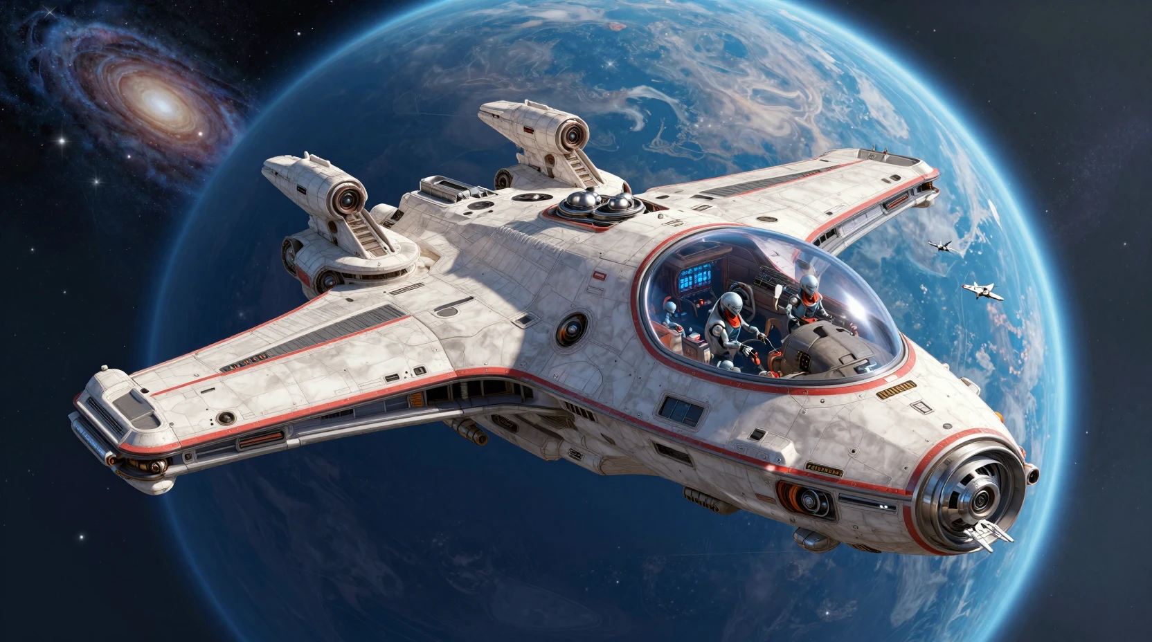 Nave de guerra alienígena passando por um vasto planeta azul