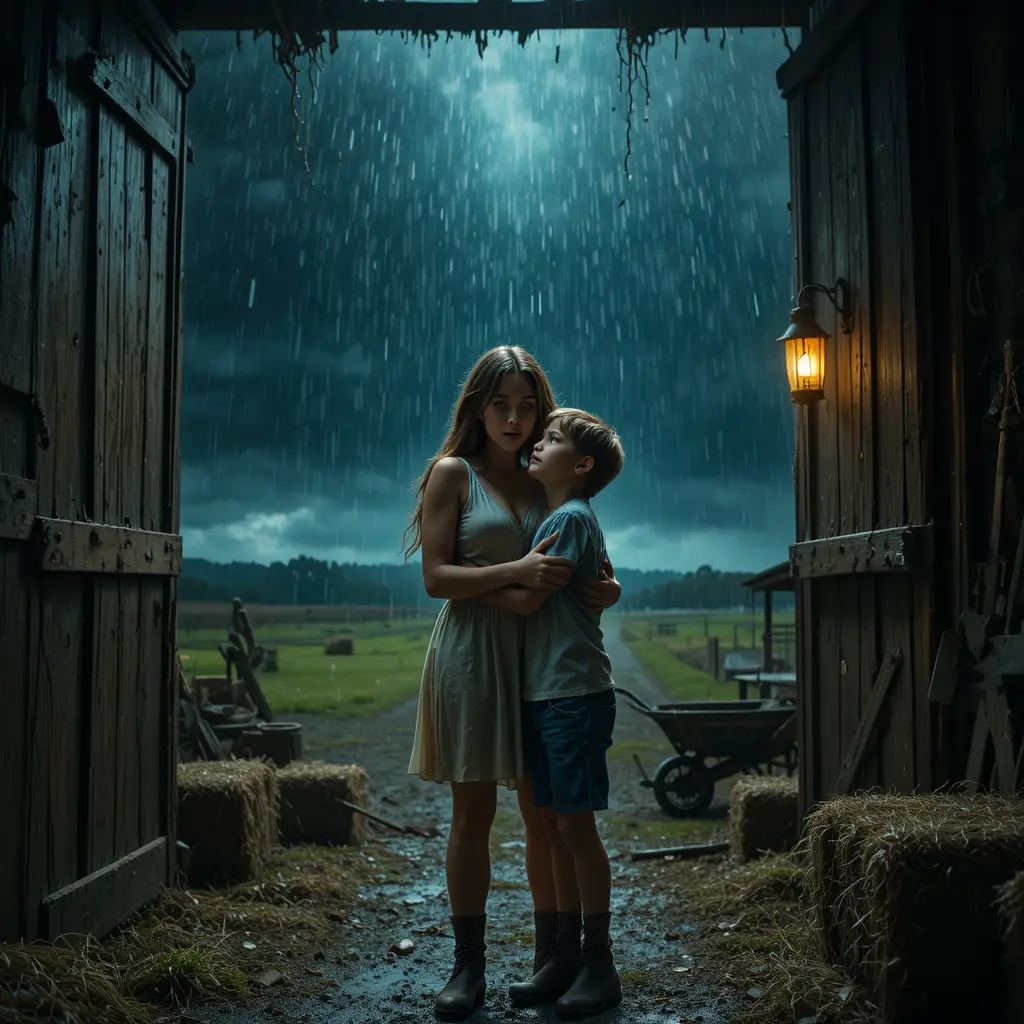 Terrified woman shielding a boy inside a storm torn barn