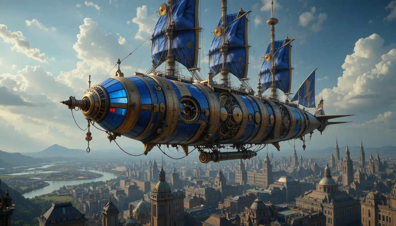 Futuristic clockwork airship soaring above vast fantasy city