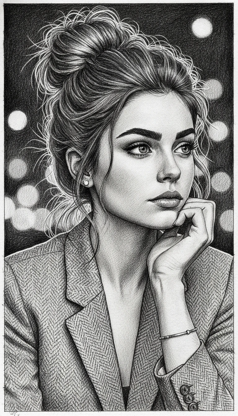 Ink portrait of a young woman with messy bun and bokeh background