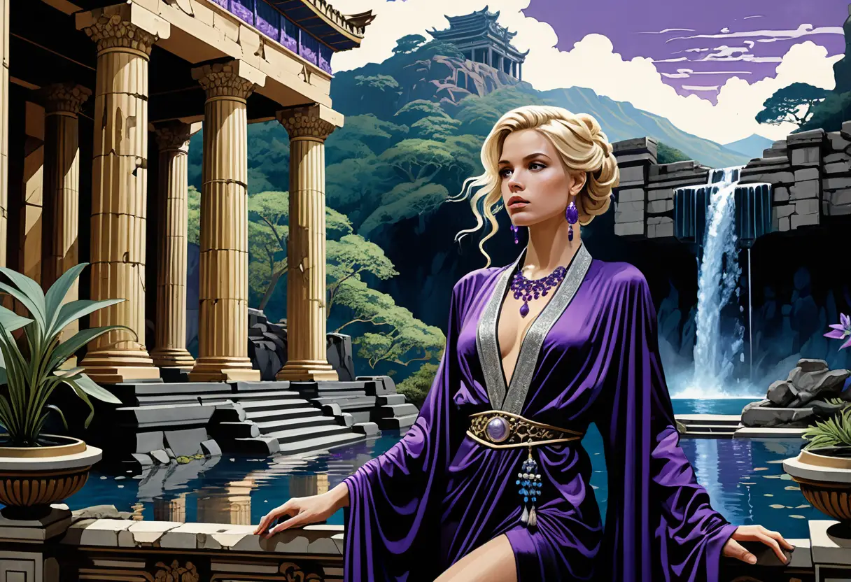 Blonde woman in celestial robe amid ruins and plants
