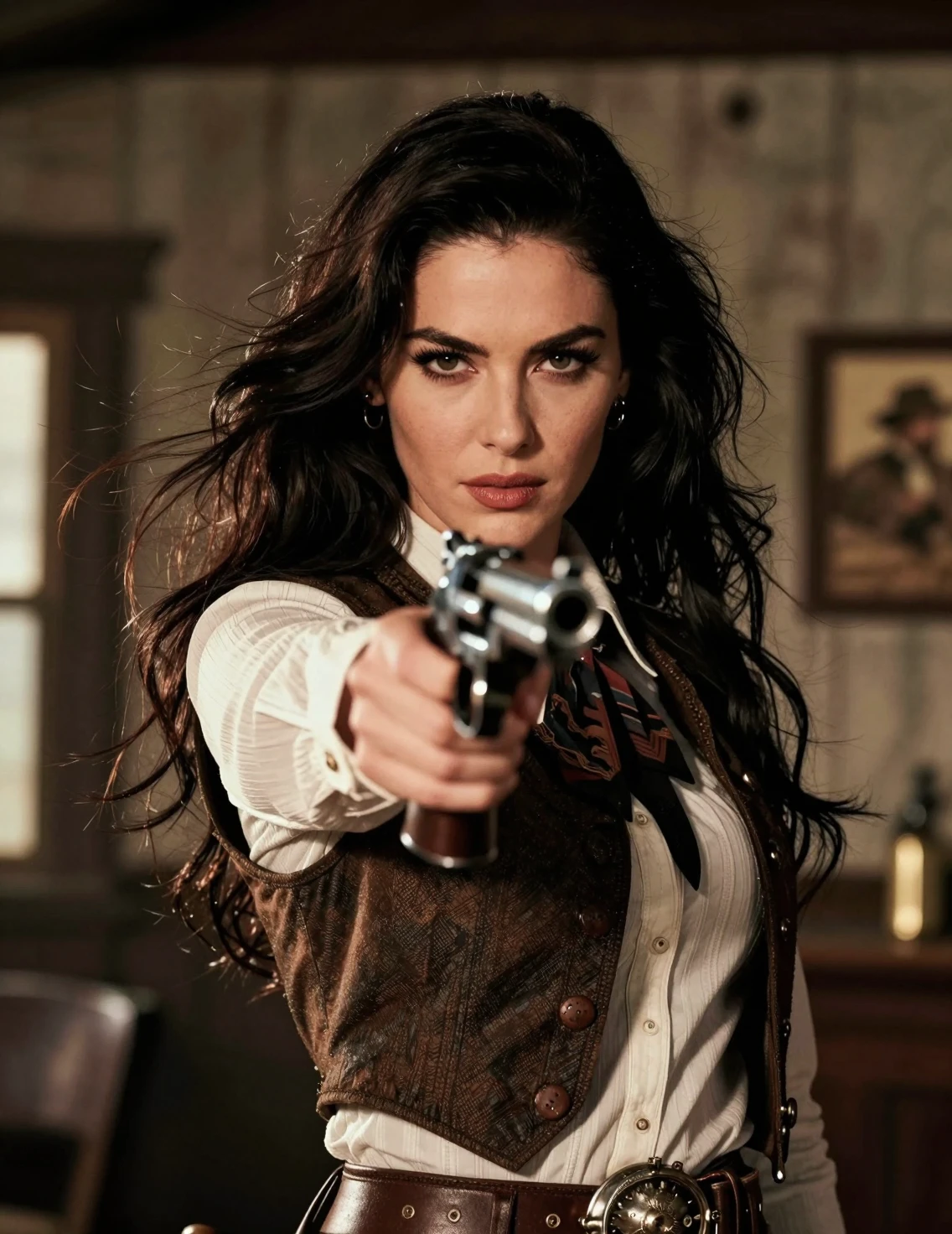 Confident woman aiming a Colt revolver in saloon light
