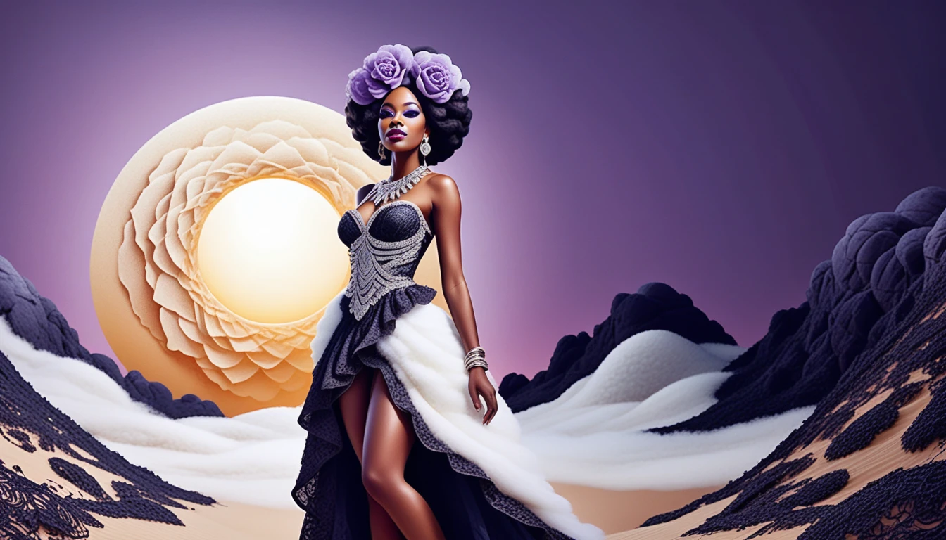 Cheerful Black Woman In Sand Dress Standing In Desert Sun