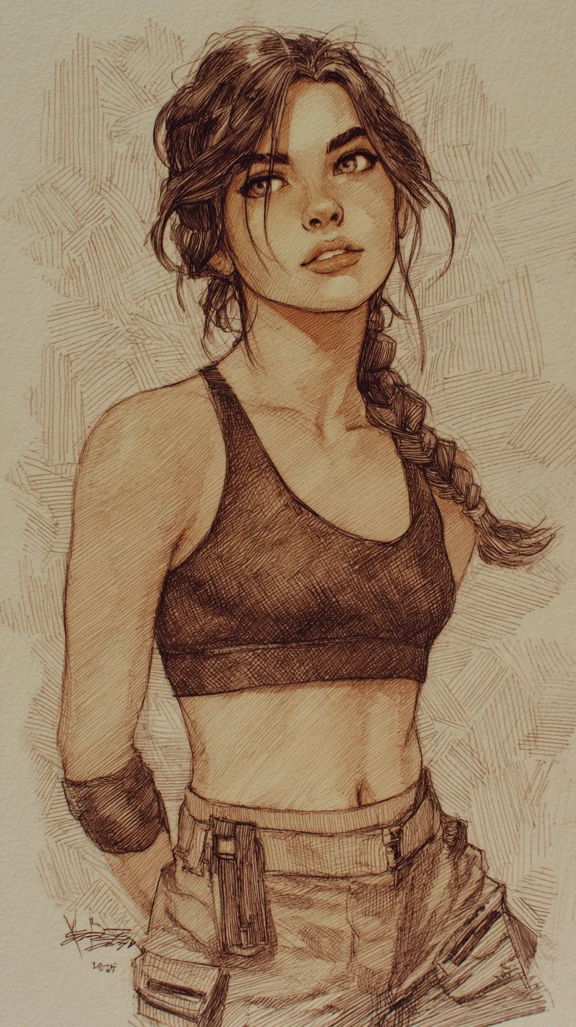 Detailed pencil portrait of athletic girl with braids