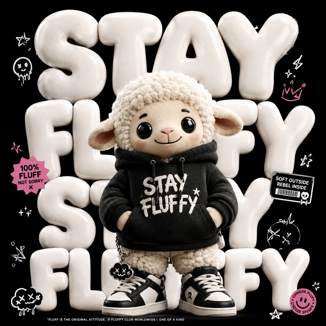 Cute plush sheep in black sweater with bold 3D text