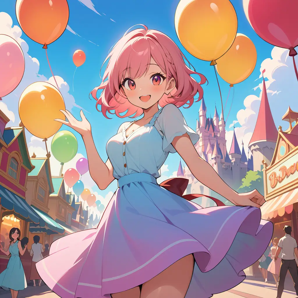 Joyful woman inviting you through a dreamy amusement park