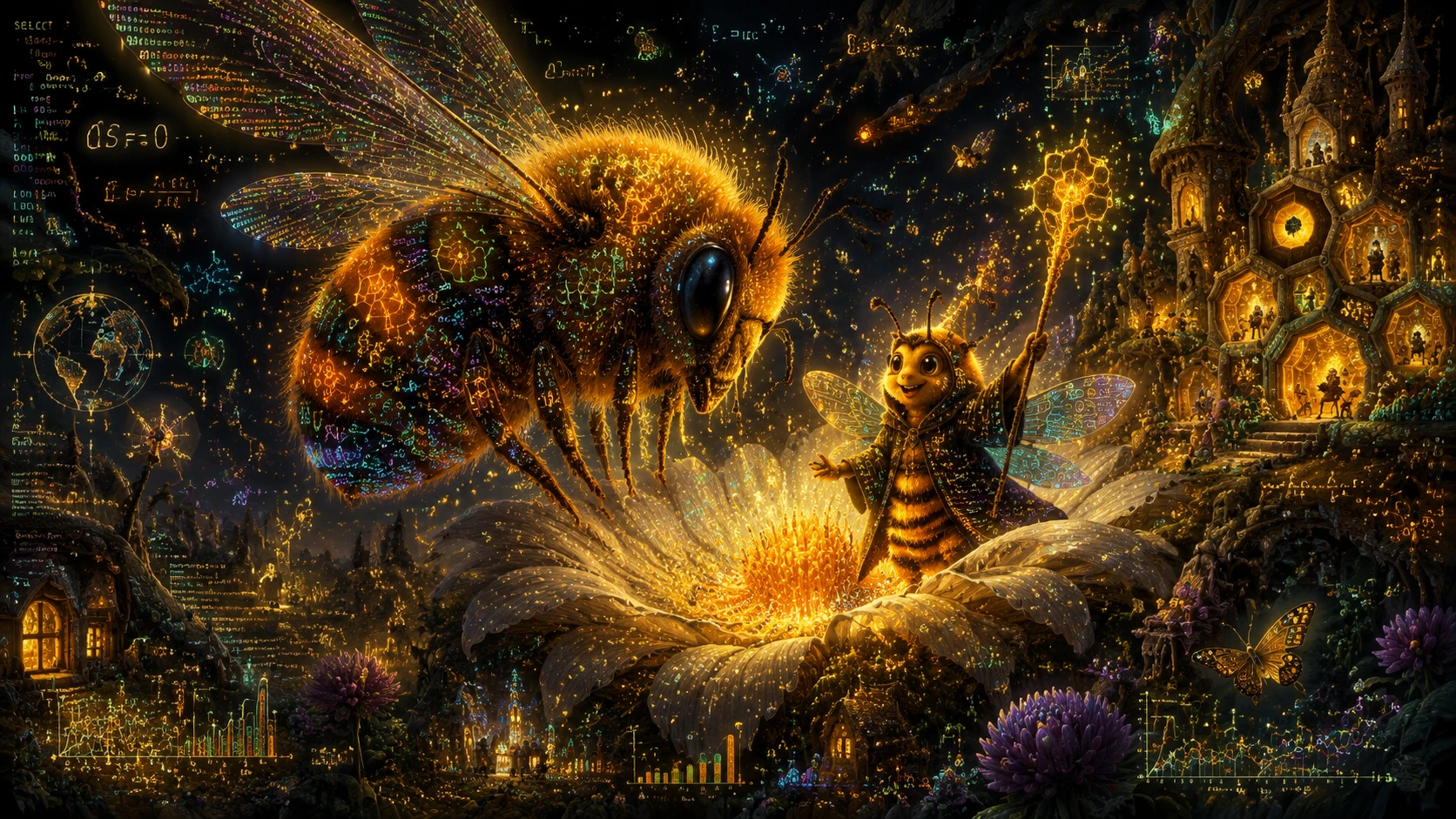 Giant bumblebee over wildflower in glowing data filled sky