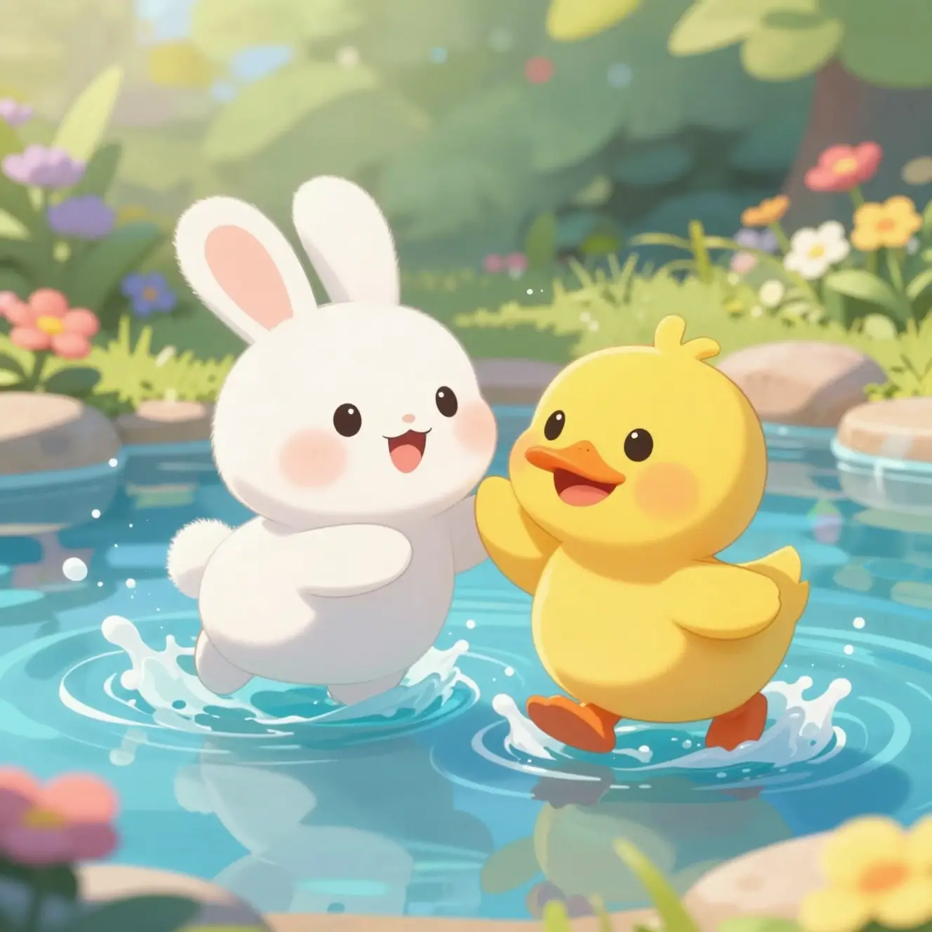 Adorable lapin et caneton jaune jouant dans un étang ensoleillé