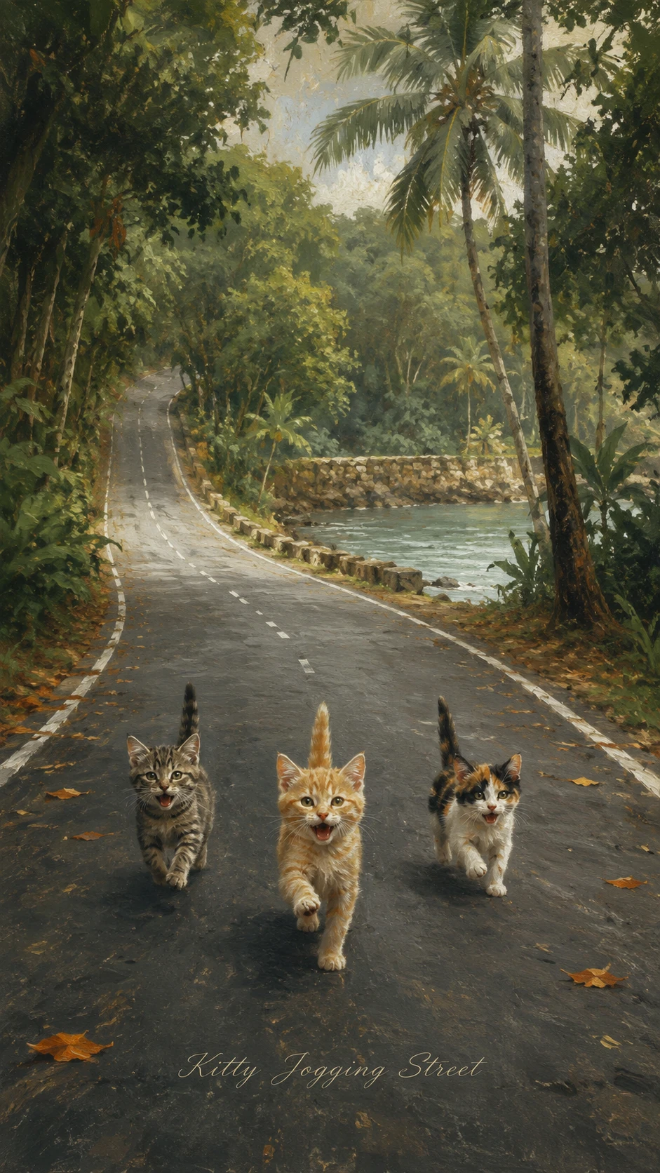 Cats jogging along a winding road in tropical forest