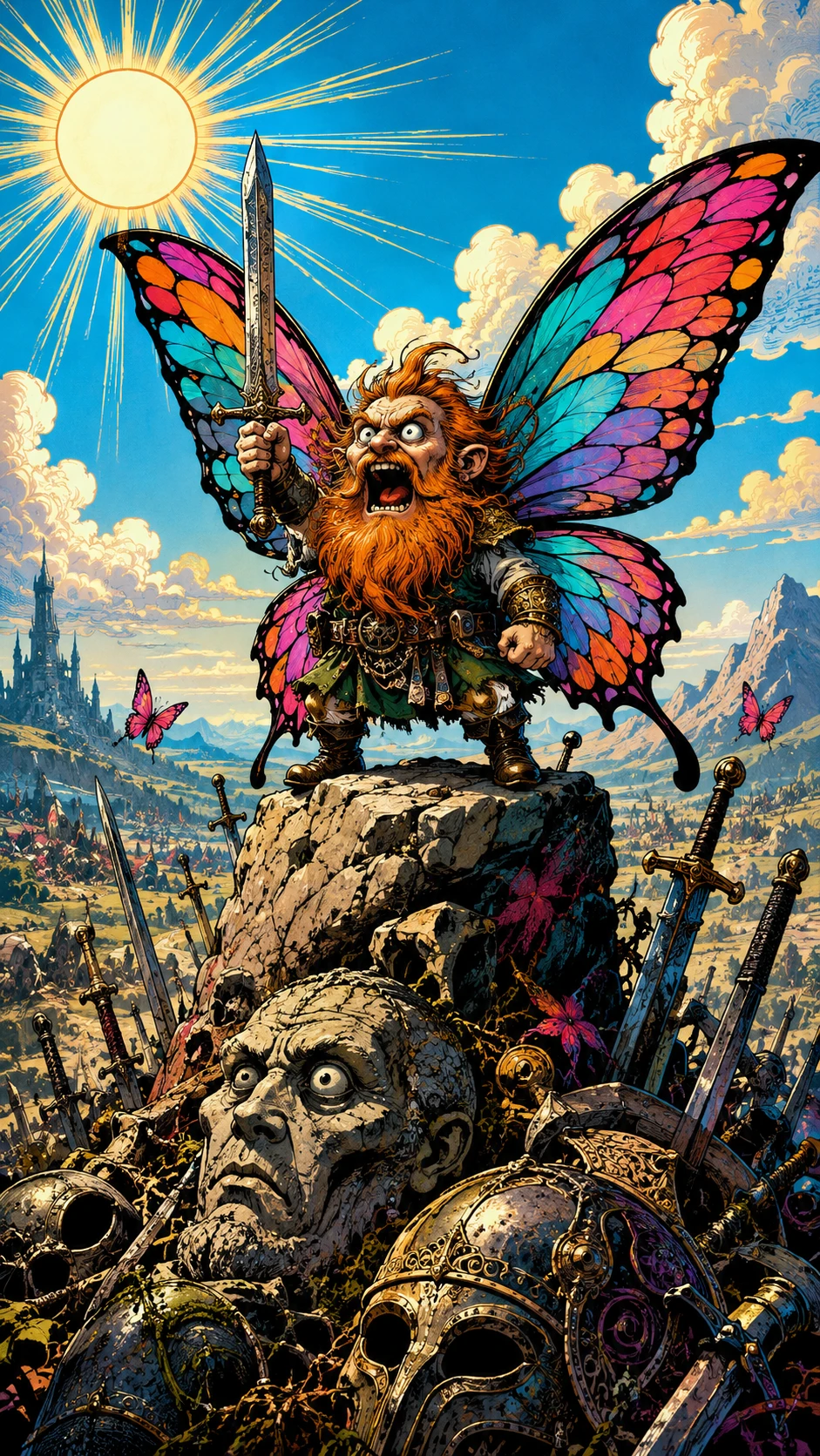 Furious dwarf warrior with butterfly wings on stone peak