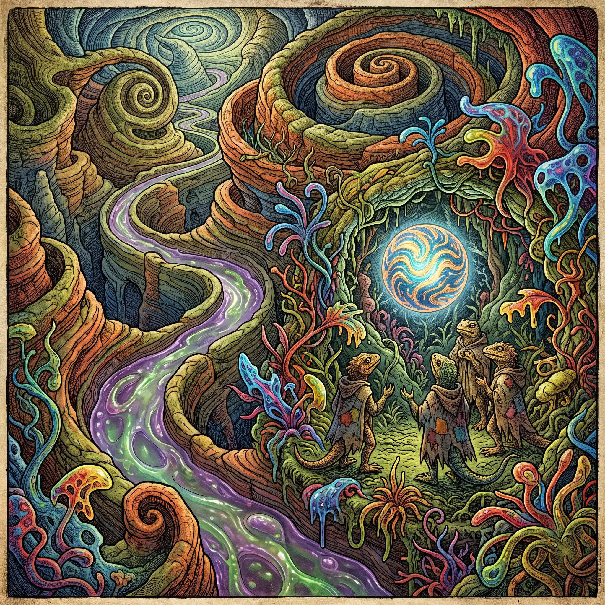 Lizard beings watching a glowing orb in alien jungle