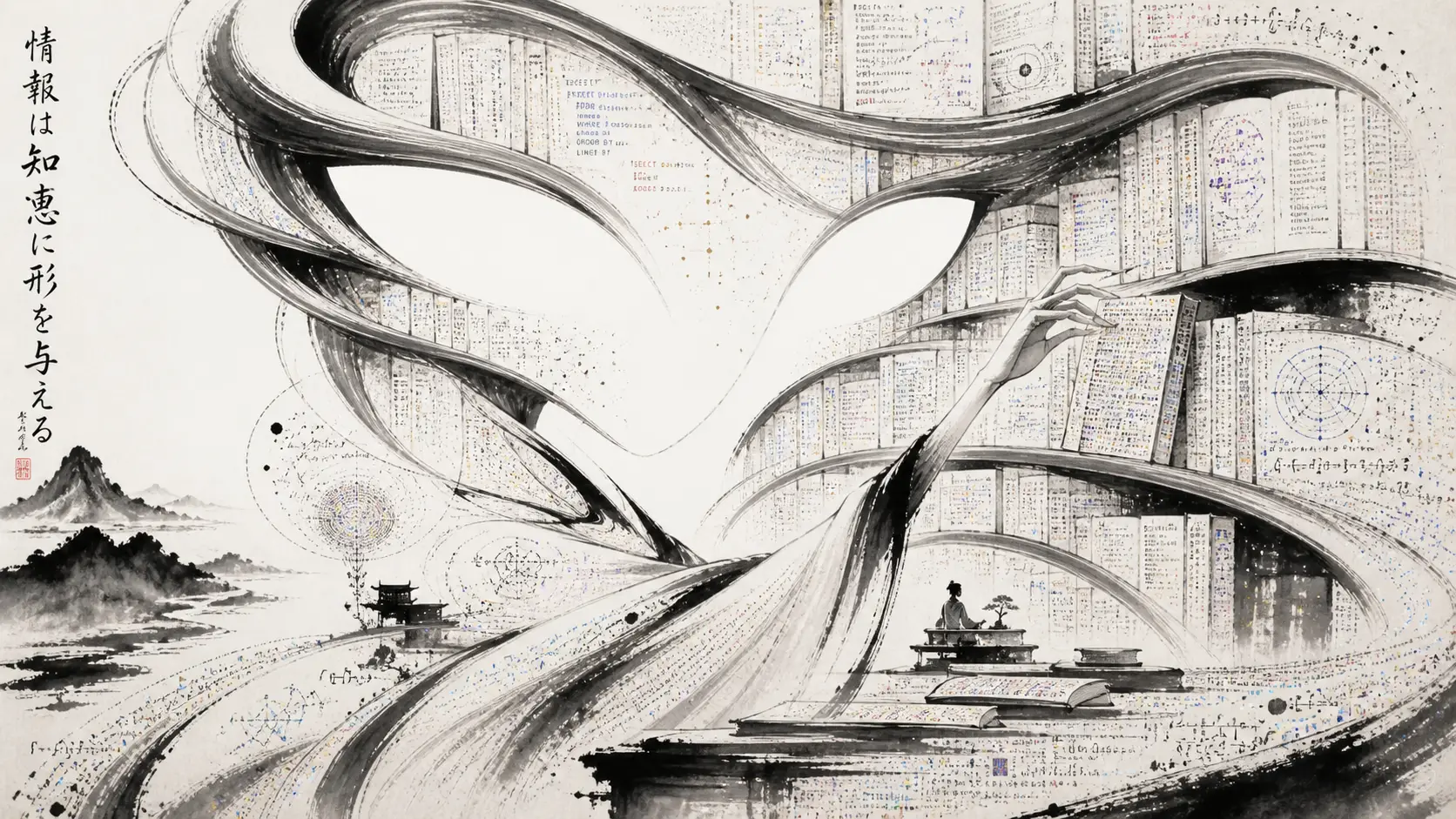 Surreal librarian woven from calligraphic strokes and empty space
