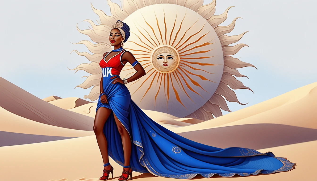 Mulher alegre em um vestido surreal de areia em pé no deserto