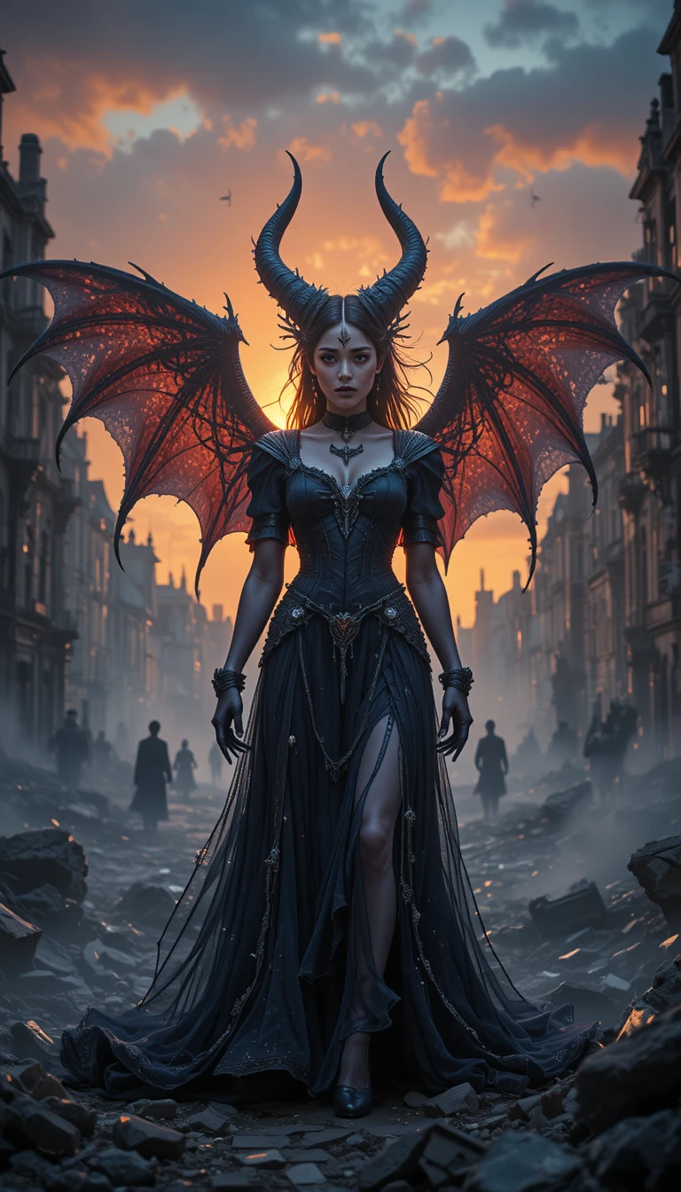 Demonic woman standing in burning Victorian city ruins at dusk