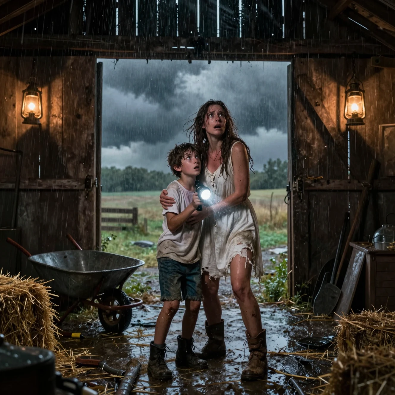 Terrified mother and child hiding in storm swept barn
