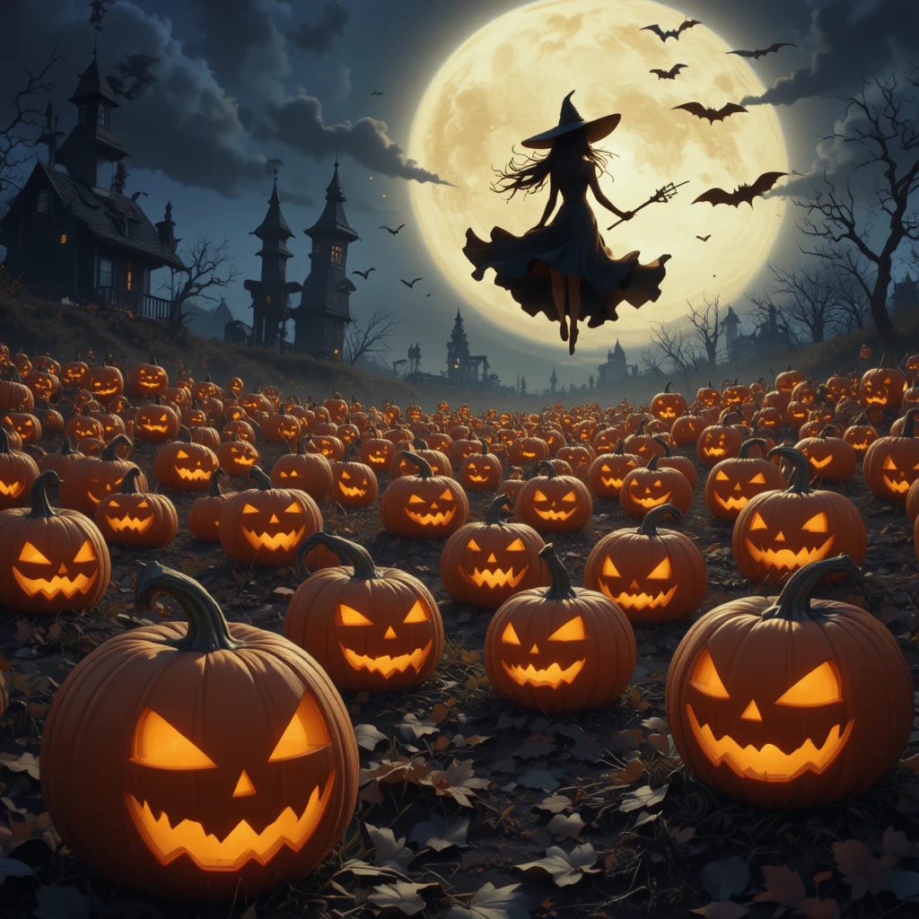 Citrouilles effrayantes dans un champ sombre avec une sorcière d’anime volante