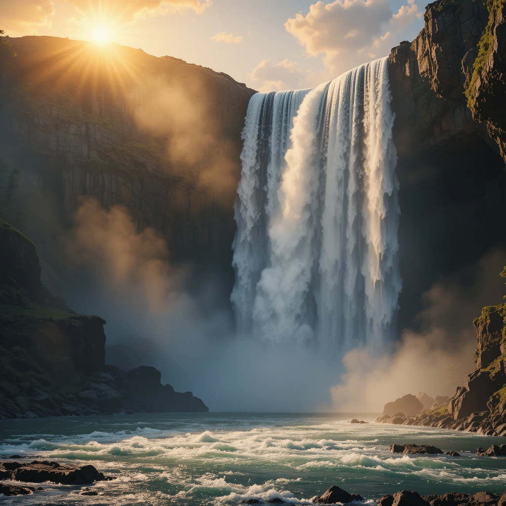 Majestic waterfall crashing over dark basalt cliffs at sunset