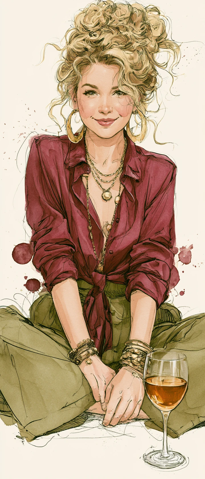 Watercolor woman in red shirt and green trousers sitting cross legged