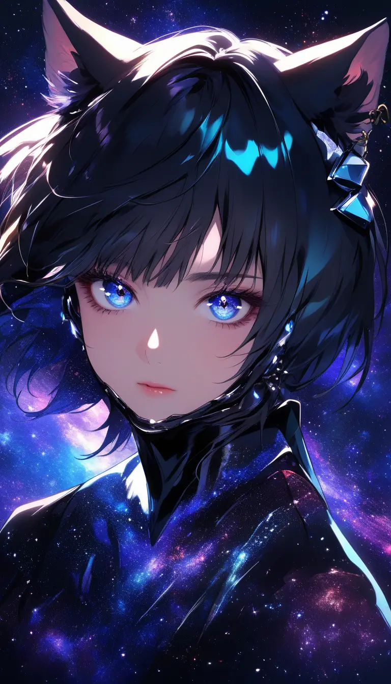 Fille anime aux oreilles de chat en gros plan devant une galaxie lumineuse