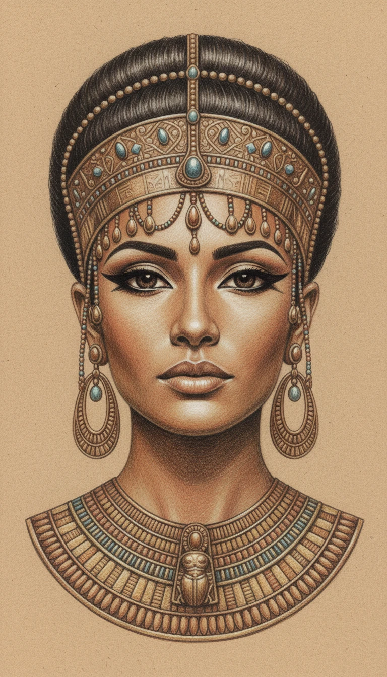 Retrato majestoso de uma rainha egípcia antiga em lápis de cor