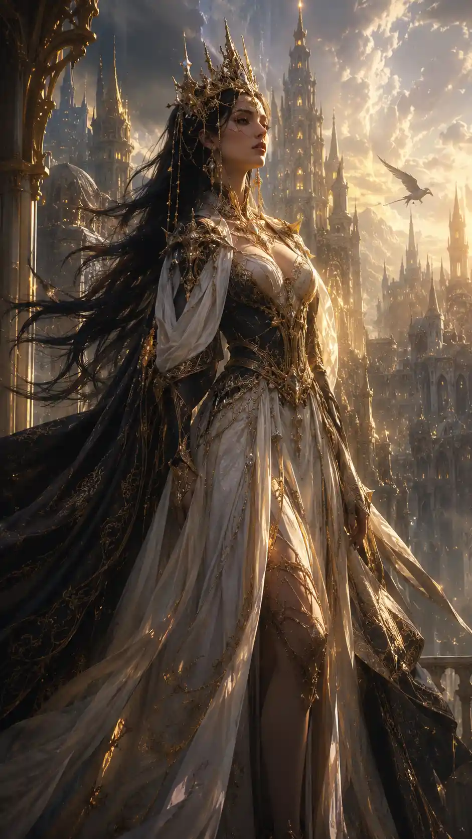 Regale regina fantasy in filigrana d’oro e seta svolazzante